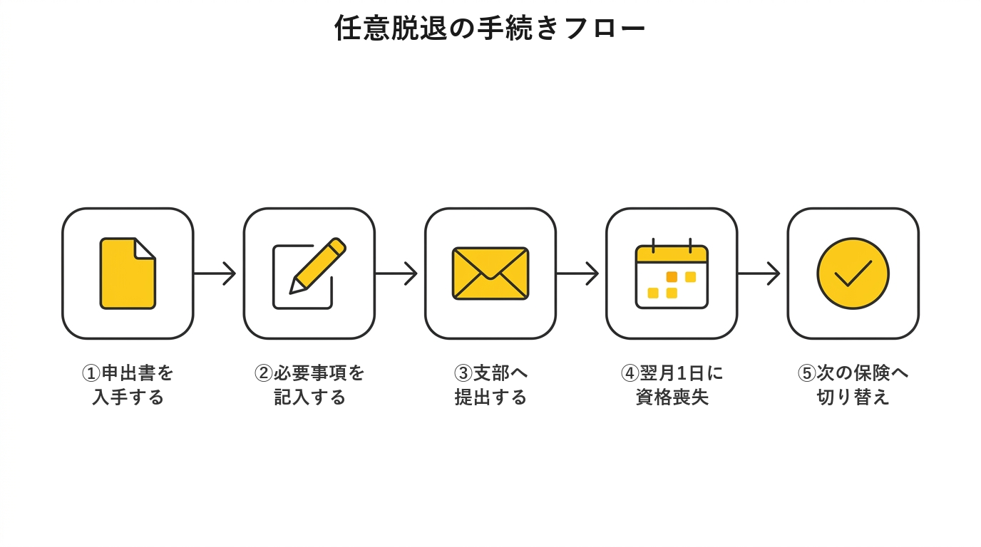任意脱退の申出から国民健康保険または家族の扶養への切り替えまでの手続きフロー図