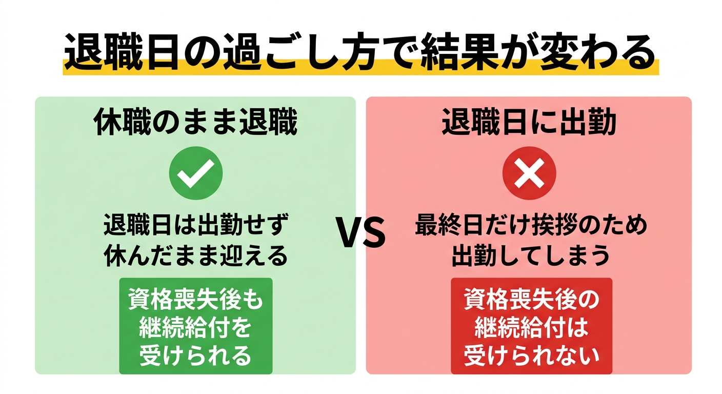 退職日の状態で継続給付の可否が分かれる比較図