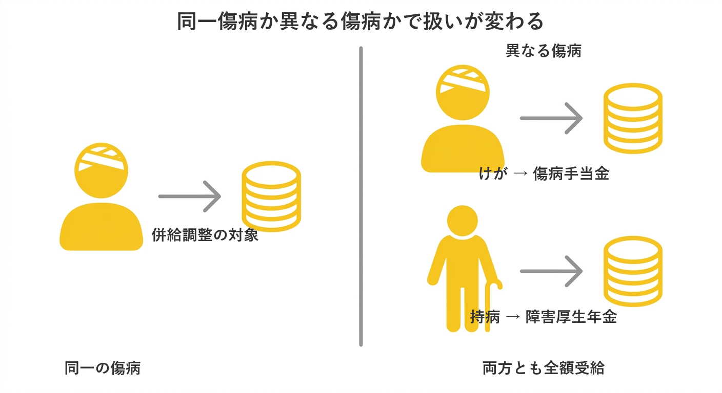 同一傷病か異なる傷病かで扱いが変わることを示す図解