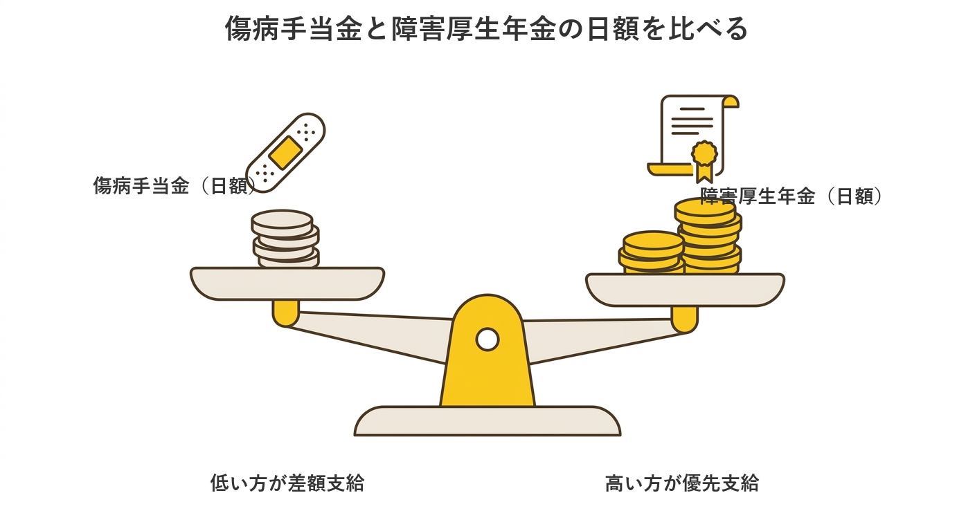 傷病手当金と障害厚生年金の日額を比べるバランスの図解