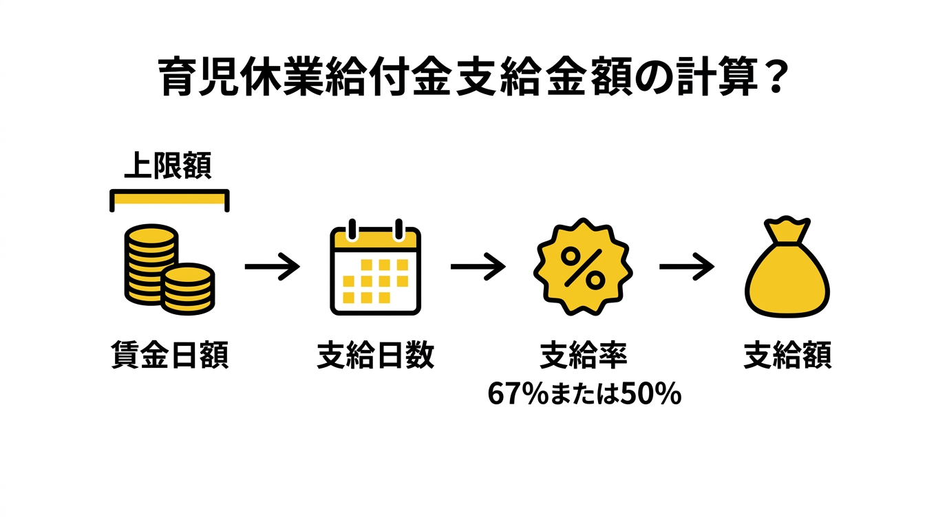 育児休業給付金の支給額計算の仕組み(賃金日額×支給日数×支給率、上限額で頭打ちになる考え方)を示す図解