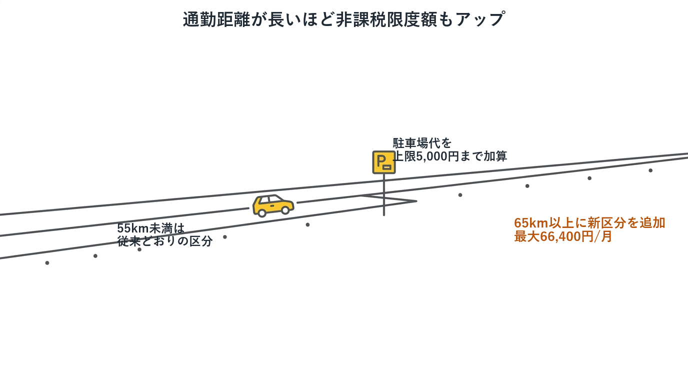 通勤距離が長いほど非課税限度額もアップするイメージ図