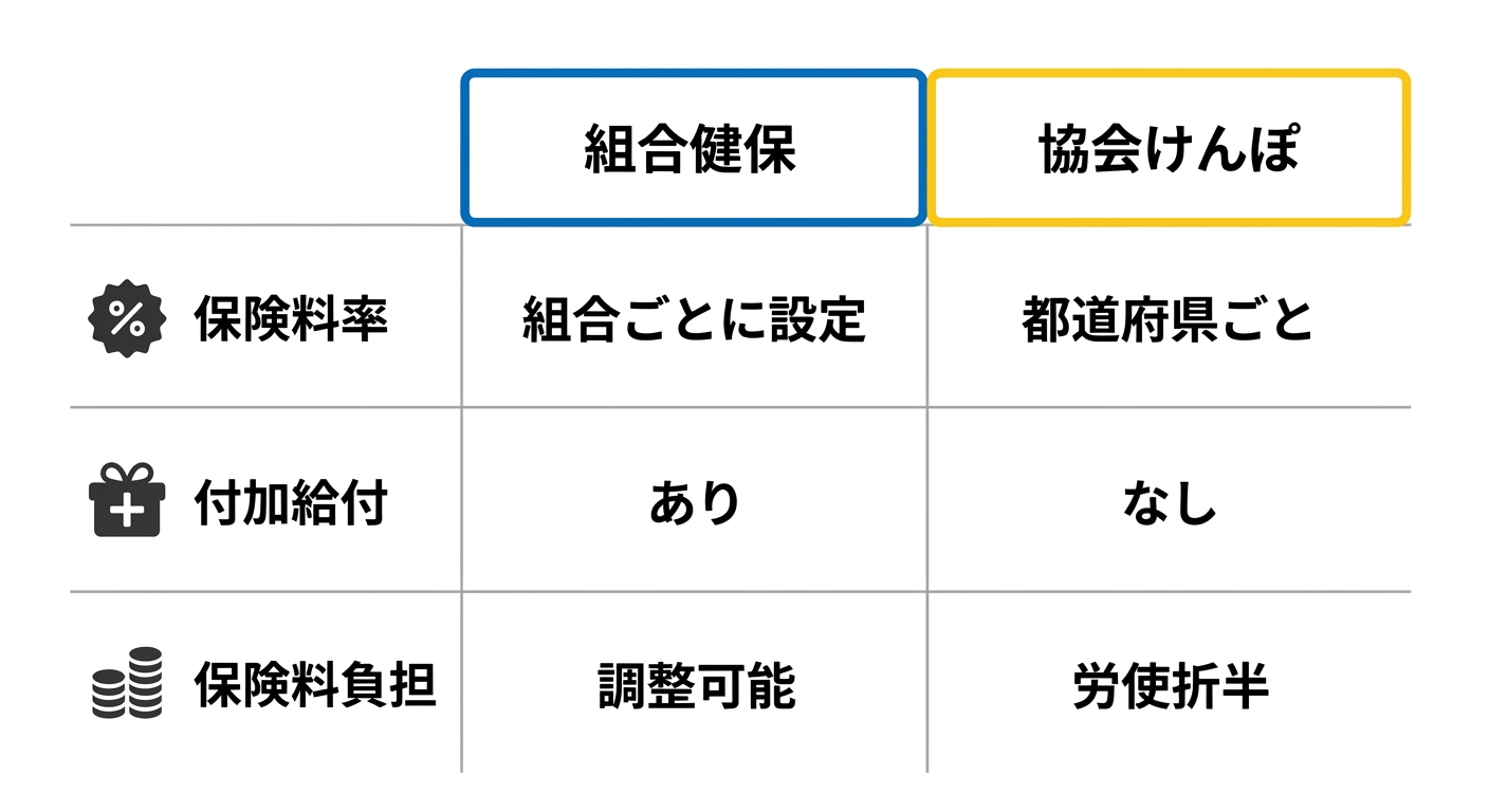 組合健保と協会けんぽの比較(保険料率・付加給付・保険料負担)