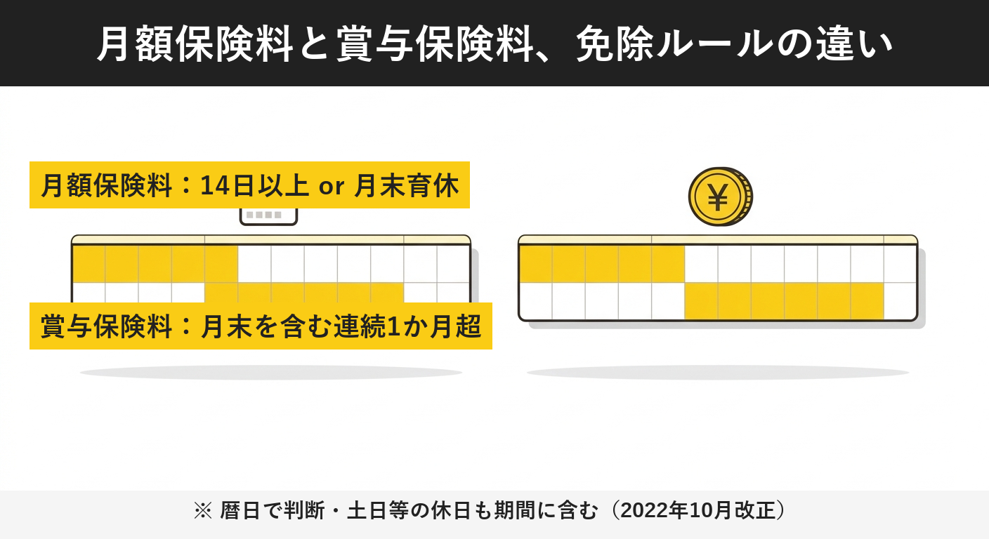 月額保険料と賞与保険料、免除ルールの違いを示す比較図