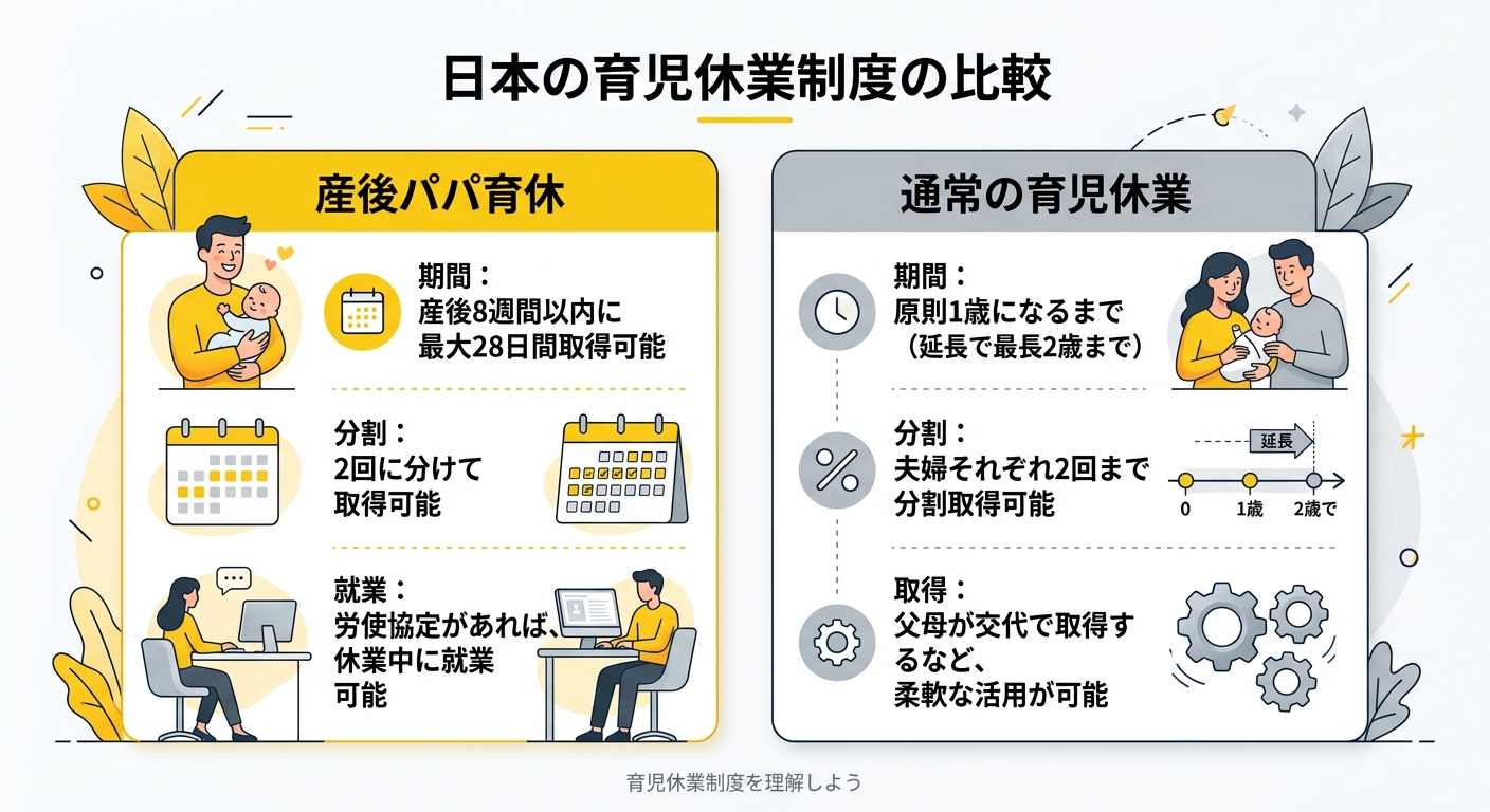 産後パパ育休と通常育休の比較図解