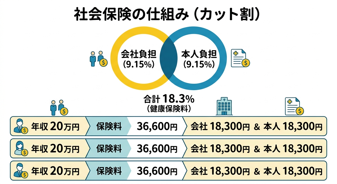 保険料計算の仕組みと労使折半のイメージ図