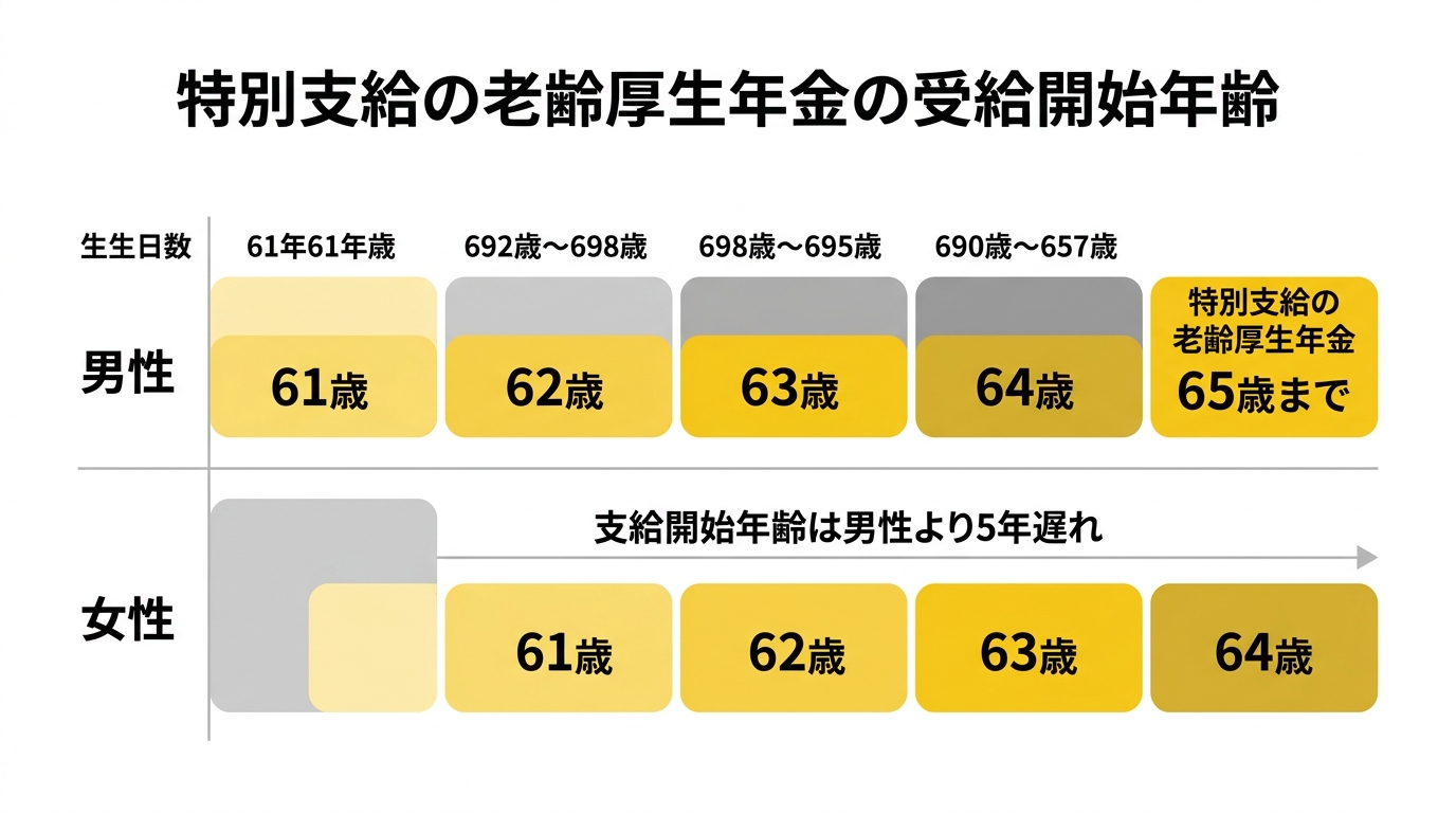 特別支給の老齢厚生年金の支給開始年齢スケジュール、男性と女性で生年月日ごとに61歳から64歳までの受給開始年齢が異なることを示すタイムライン図解
