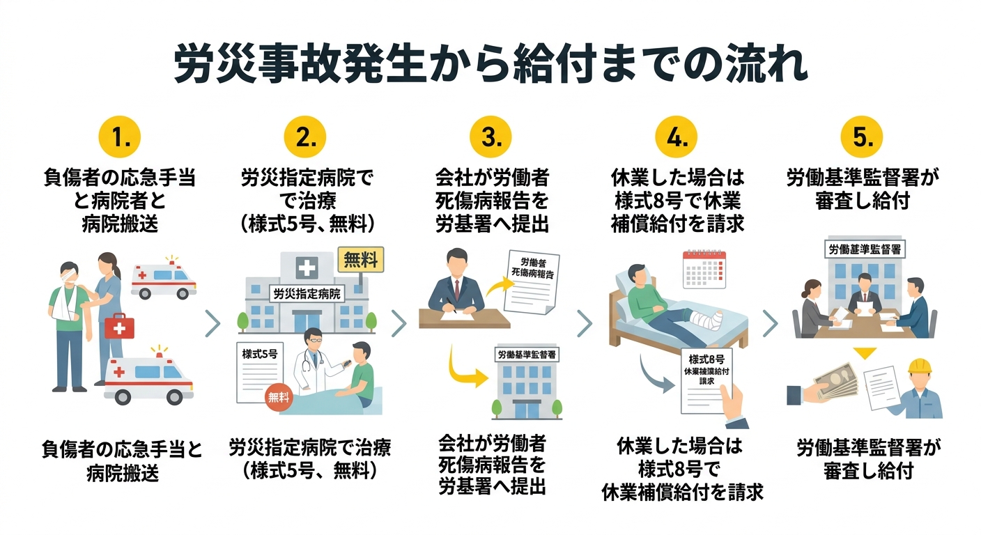 労災事故発生から給付までの流れを示すフロー図